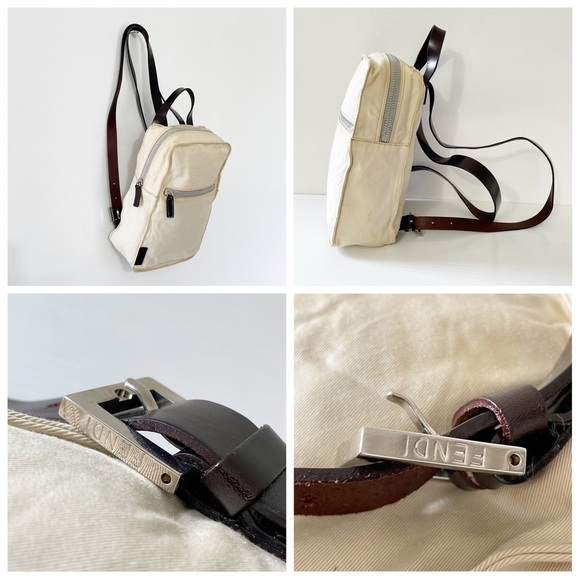 Fendi off white canvas brown leather small rectangular backpack - Picture 5 of 14